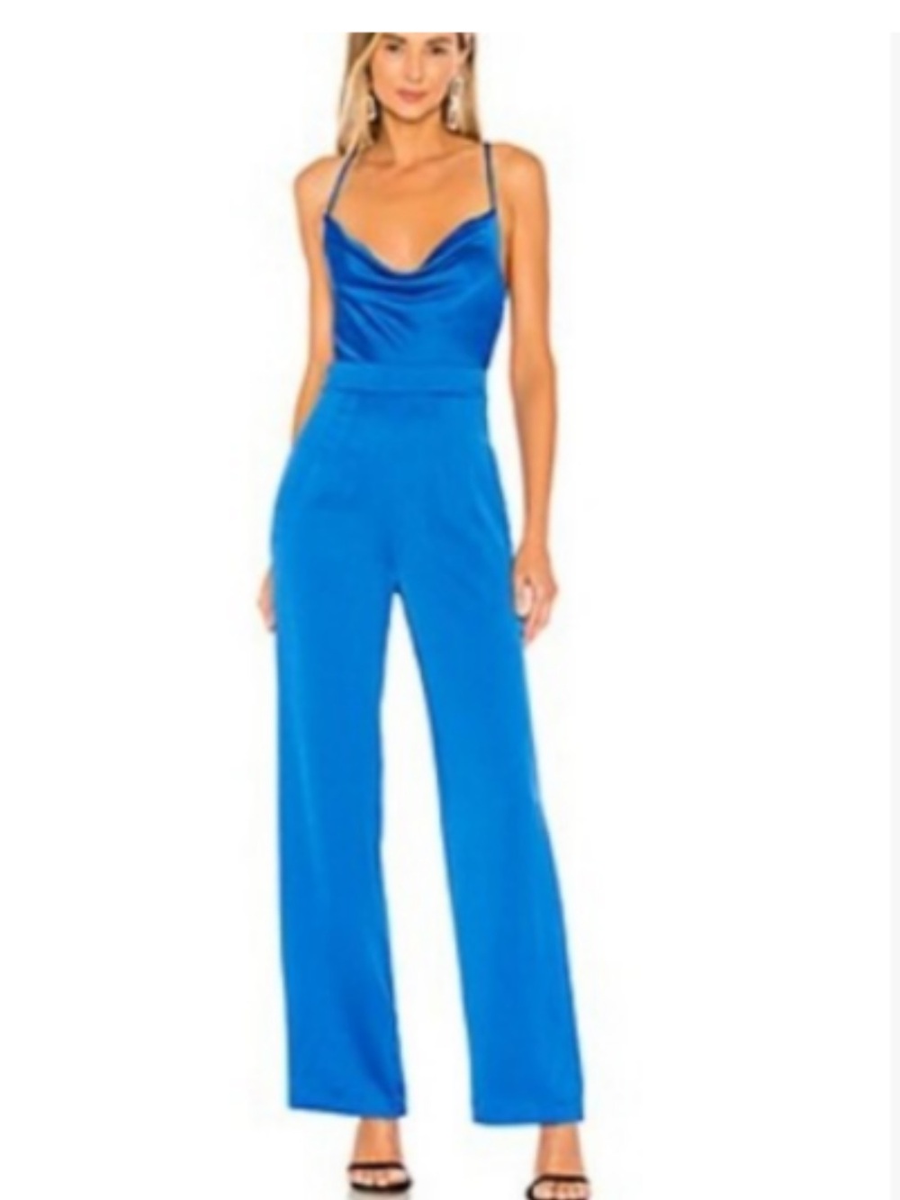 NBD Blue Diem Blue Satin Cowl-Neck Wide-Leg Jumpsuit in Princess blue